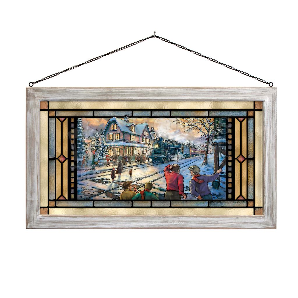 All Aboard for Christmas - 13" x 23" Stained Glass Art (White Frame)