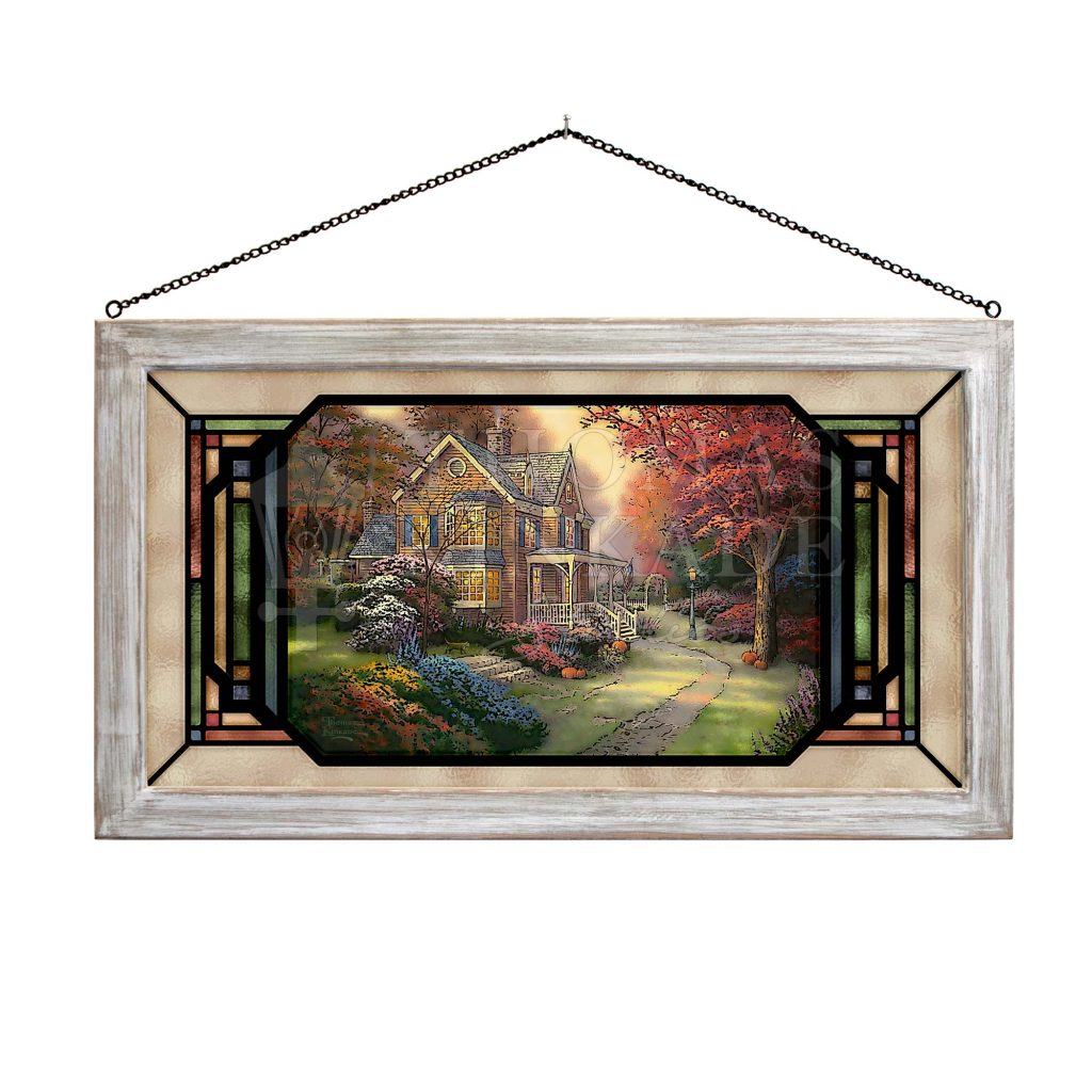 Victorian Autumn - 13" x 23" Stained Glass Art (White Frame)