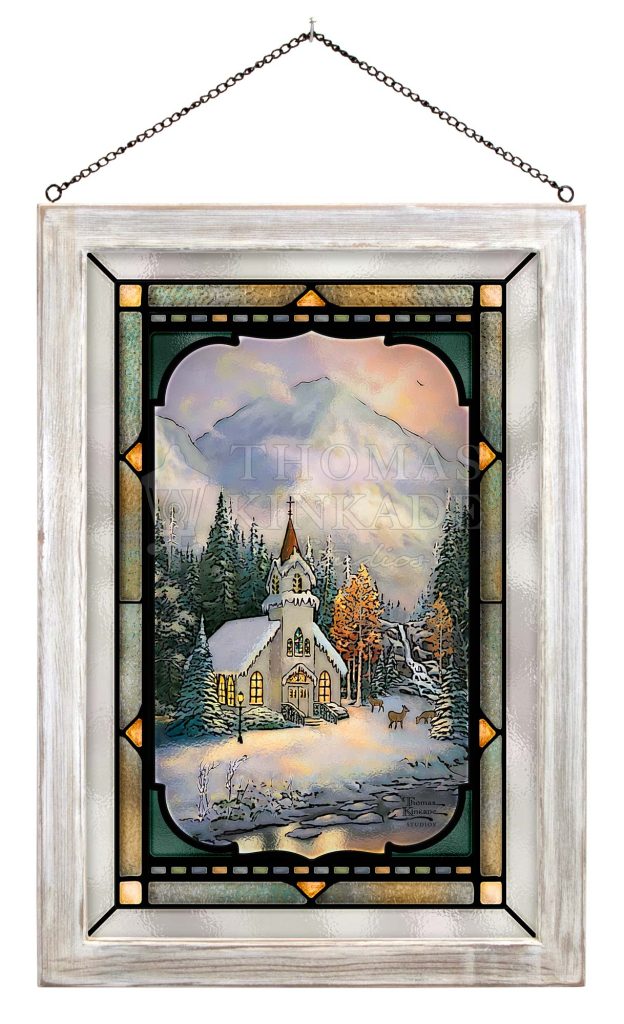 Deer Creek Chapel - 20" x 14" Stained Glass Art (White Frame)